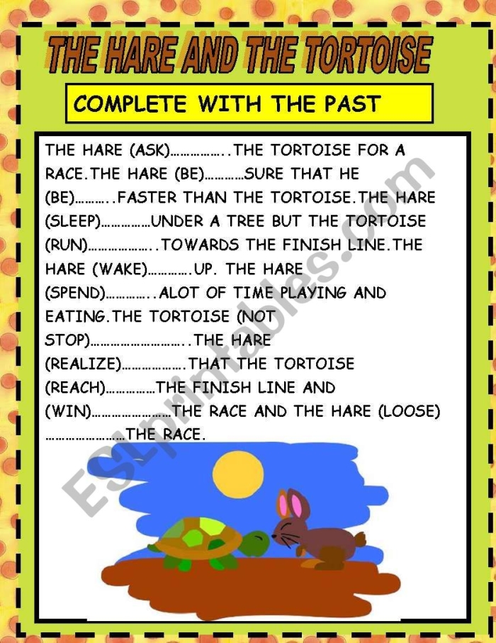Worksheet depicting the race between the tortoise and the hare from Aesop's timeless tale A colorful worksheet for kindergarten students featuring the characters from The Hare and the Tortoise fable