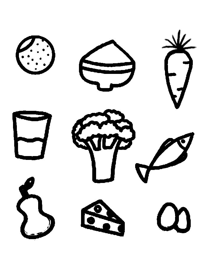 Coloring page featuring healthy foods like fruits and vegetables for kindergarteners to enjoy
