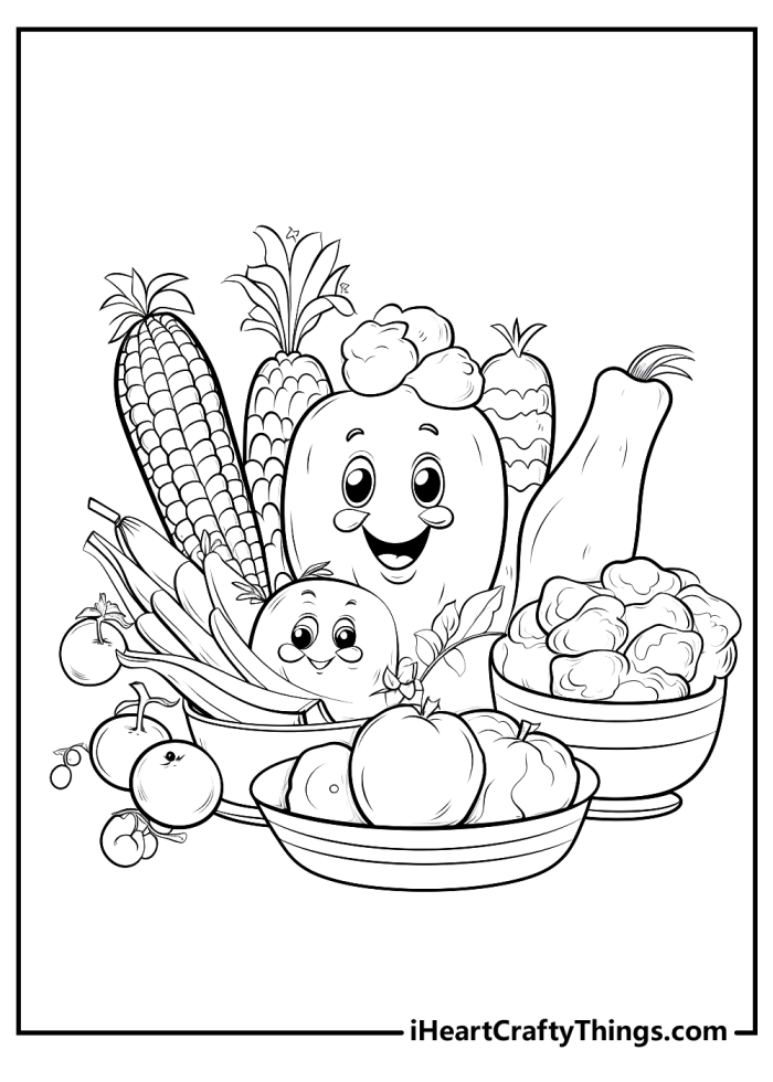 Healthy foods coloring page featuring fruits and vegetables for kids to color