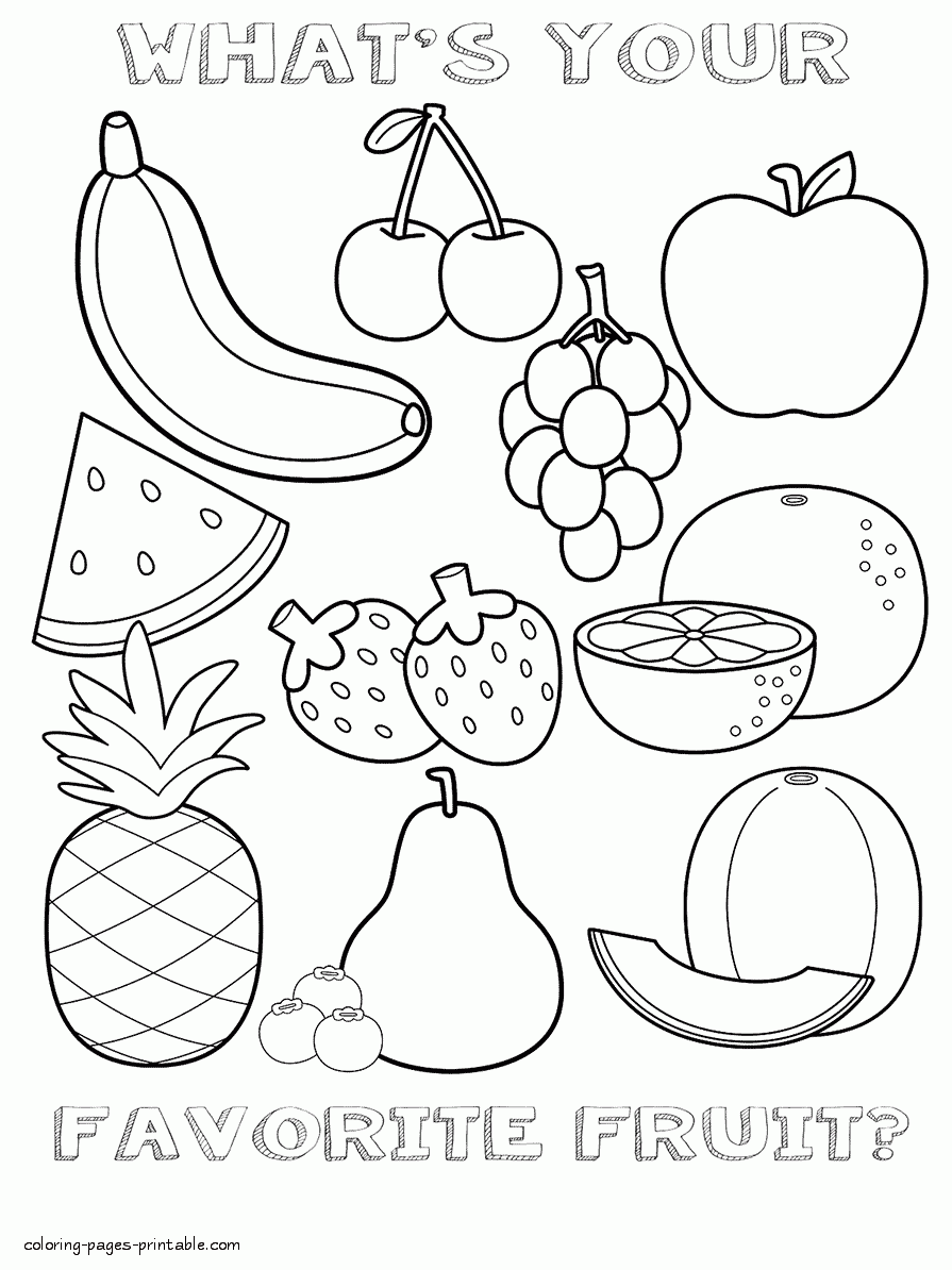Healthy foods coloring page featuring vibrant fruits and vegetables for kids
