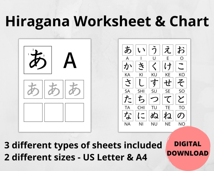 Engaging Hiragana chart for young learners to enhance their writing skills in Japanese Hiragana chart worksheet designed for kindergarten students to aid in learning Japanese characters
