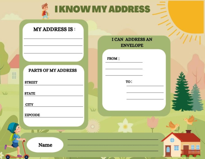 Kindergarten student practicing how to write their home address on a printable envelope template