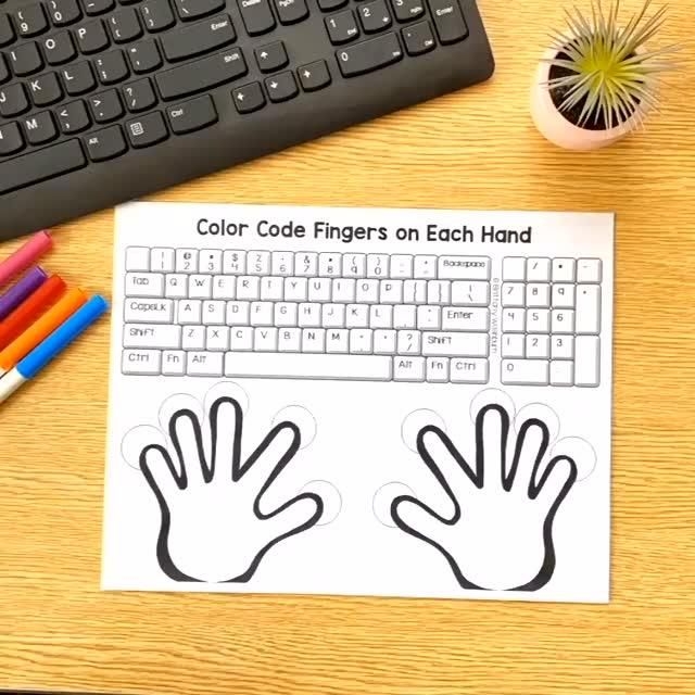 Home Row Finger Placement Guide for Beginning Keyboarding Instruction Kindergarten student hands positioned on keyboard home row keys showing correct finger placement for typing practice
