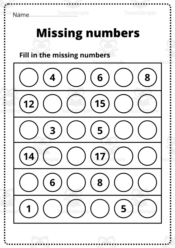 Kindergarten worksheet for students to practice filling in missing numbers from 1 to 50