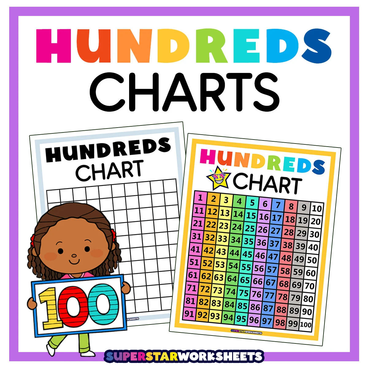 Kindergarten student observing number patterns on a colorful hundreds chart worksheet