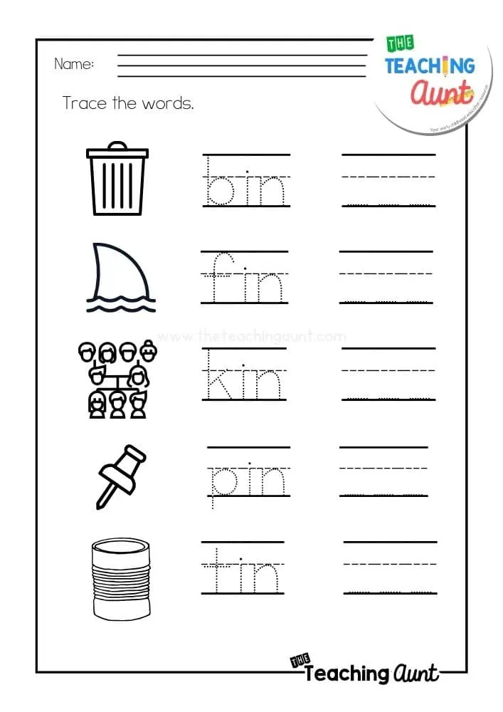 Trace the Word Family -in Words Practice Worksheet 21 Kindergarten worksheet for tracing -in word family patterns and practicing rhyming vocabulary 21