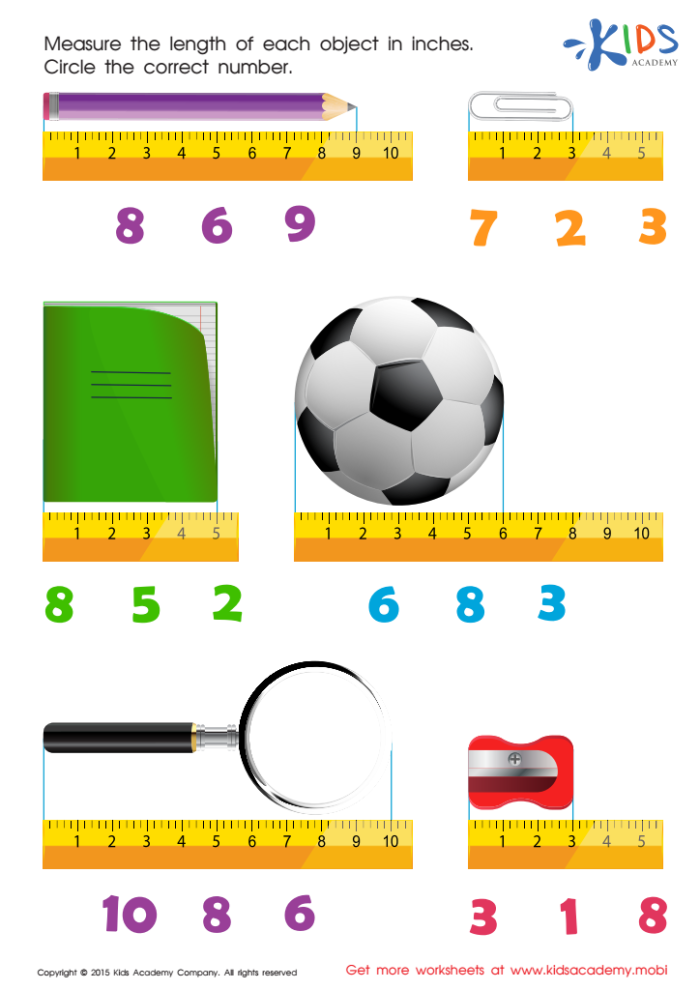 Measuring Bug Inches Practice Worksheet for Young Learners Colorful bugs with inch measurement lines for kindergarten students to practice measuring length