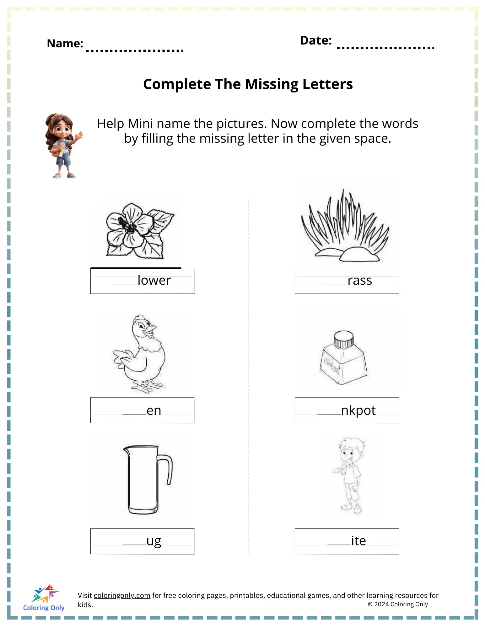 Kindergarten phonics worksheet featuring a pig and other animals to practice filling in the missing initial CVC letters