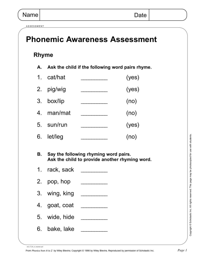 Phonemic Awareness Initial Sounds Assessment Worksheet 16 Kindergarten student identifying initial sounds in words for phonemic awareness practice