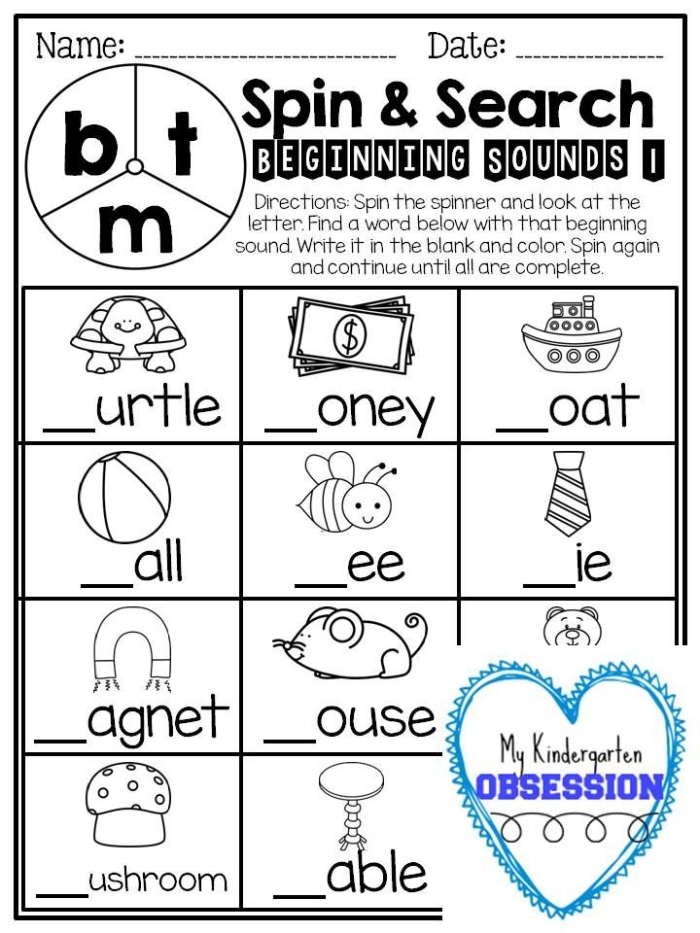 Phonemic Awareness Initial Sounds Worksheet 24 Word Families Exercise Kindergarten student worksheet for practicing initial sound isolation and phonemic awareness