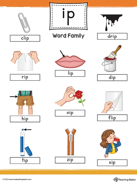 Word Family Story Worksheet for ip Word Family Practice Kindergarten student completing a word family story worksheet with ip words like hip, lip, and tip