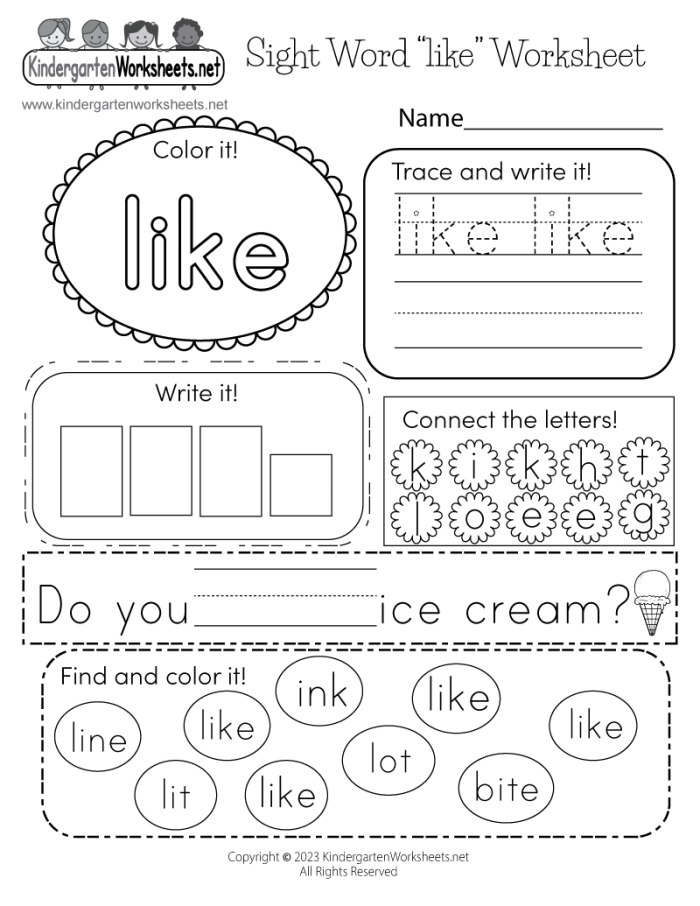 Worksheet for practicing the sight word "it" in kindergarten phonics