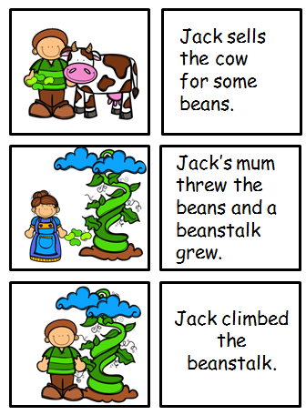 Kindergarten student cutting out pictures to arrange the events of Jack and the Beanstalk in the correct order