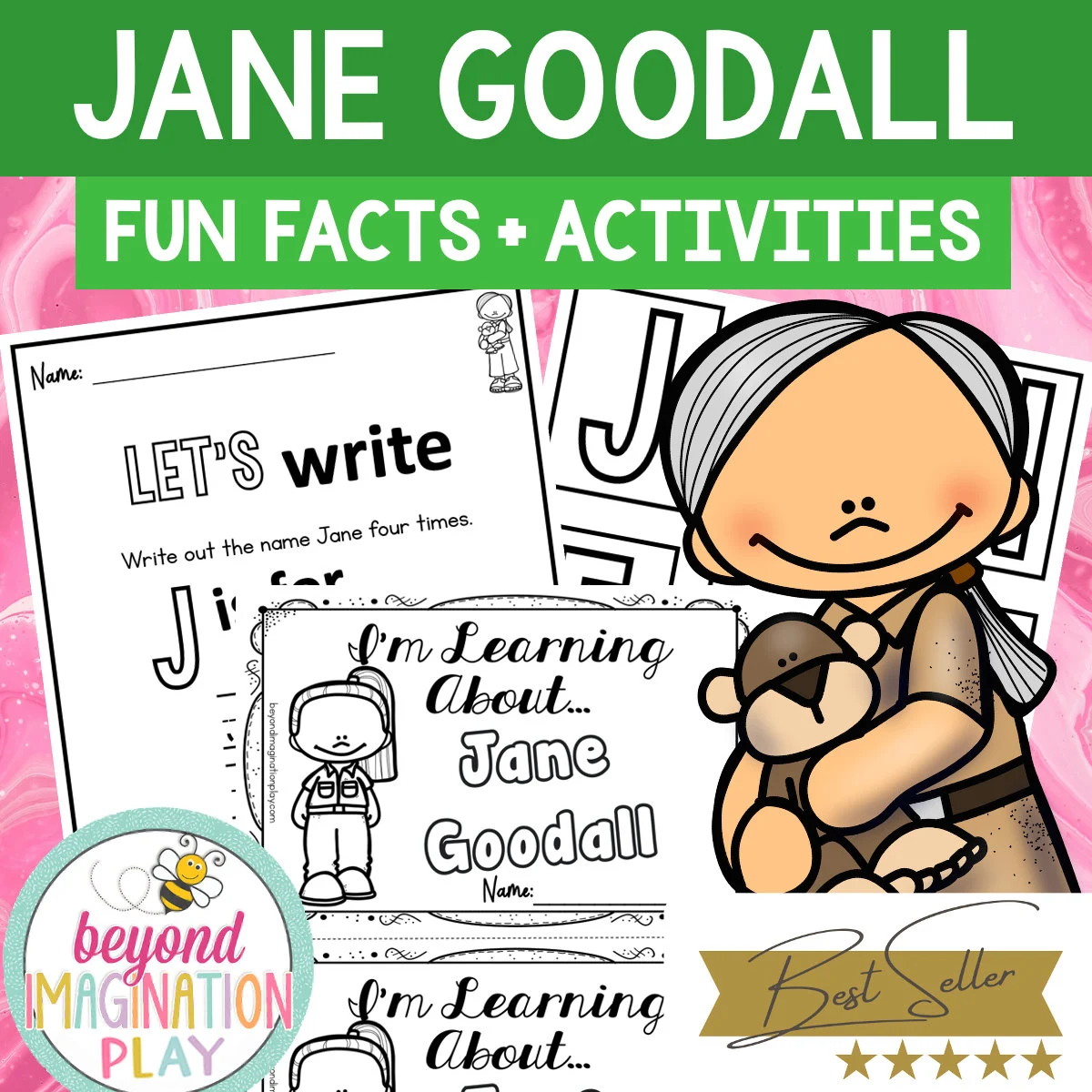 Kindergarten reading worksheet featuring a printable educational booklet about the life and work of Jane Goodall