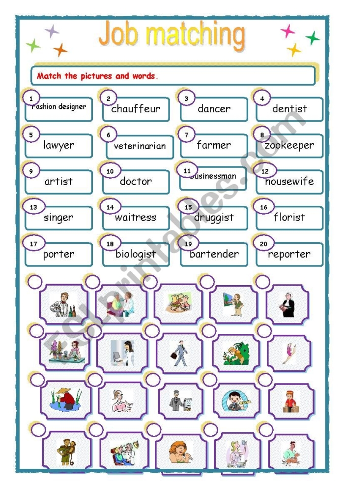 Fun job match worksheet for kindergarteners featuring workers and their tools
