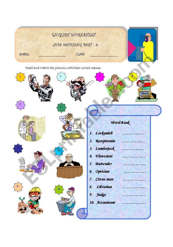 Kindergarten Job Match worksheet featuring five illustrated workers and their tools