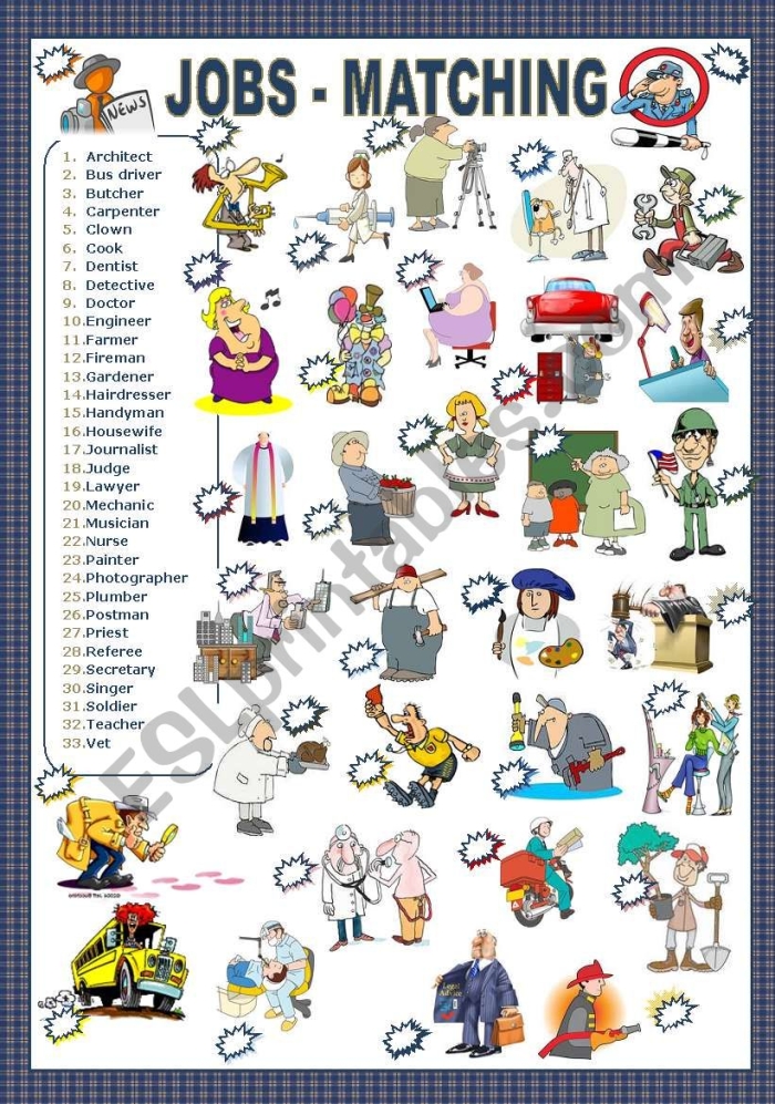 Job Match worksheet featuring five workers and their corresponding tools for kindergarten students