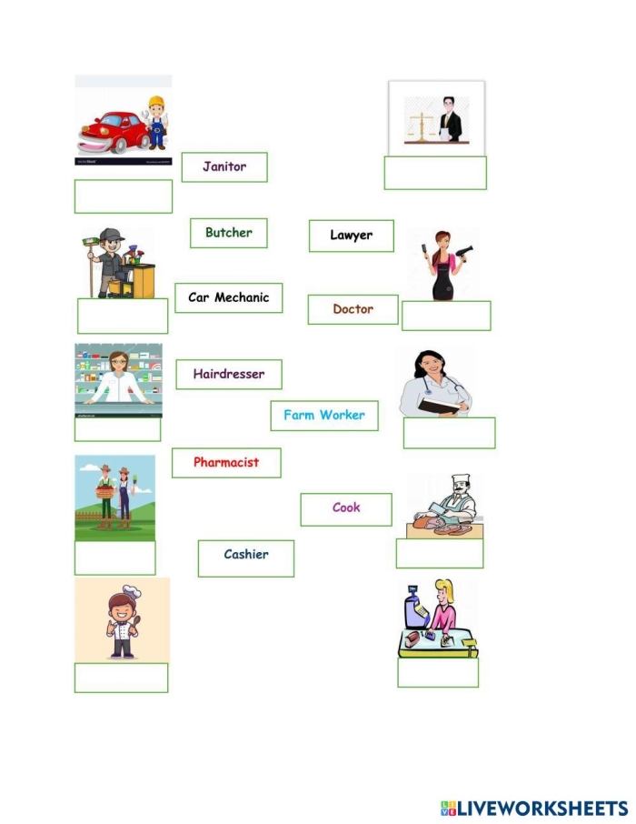 ALT text: Kindergarten students connect workers to the tools they use in this engaging job match worksheet.