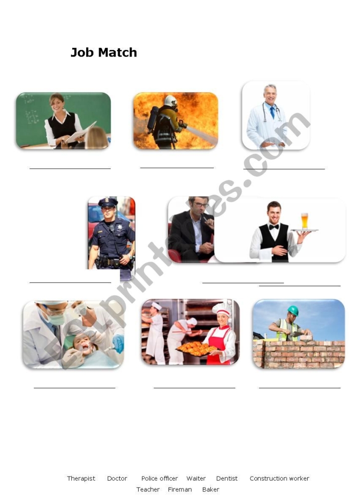 Kindergarten Job Match worksheet featuring five workers and their tools for learning fractions