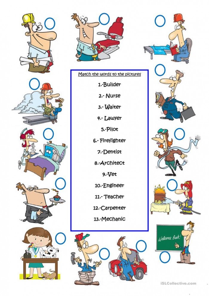 kindergarten job match worksheet featuring illustrations of workers and their tools