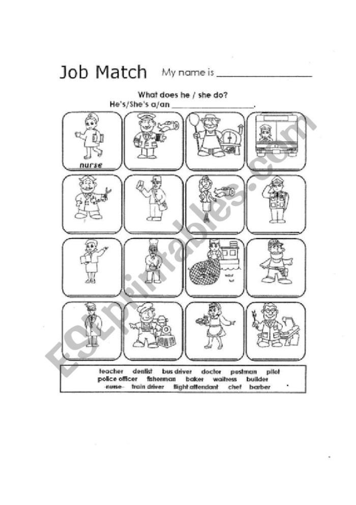 Job Match worksheet for kindergarteners featuring five workers and their tools to connect