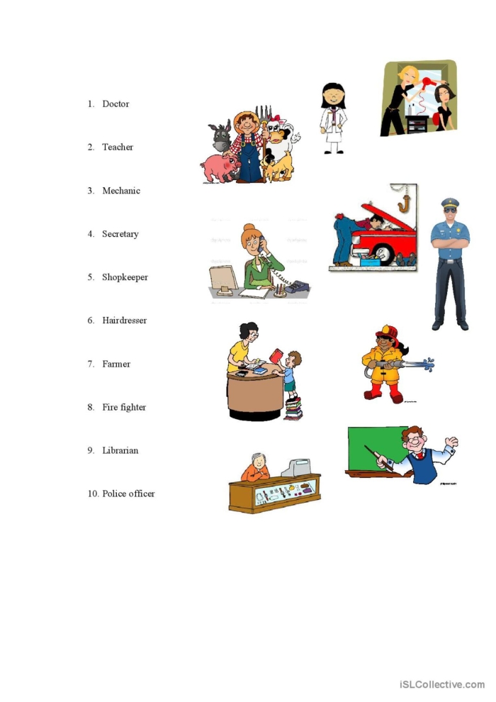 Job Match worksheet featuring five workers and their corresponding tools for kindergarten students