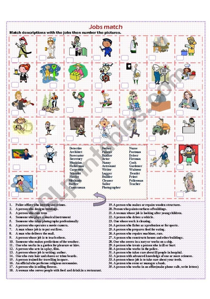 Children's Job Match worksheet featuring five workers and their tools