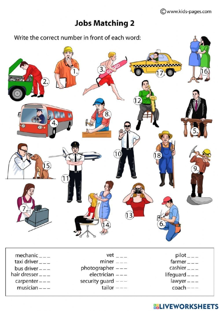Job Match worksheet featuring five whimsical workers and their job-related items for Kindergarten students