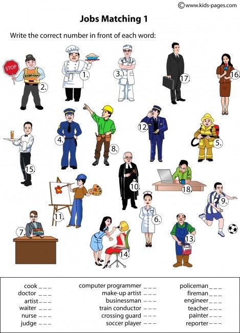 Whimsical Job Match worksheet for kindergarteners featuring workers and their tools