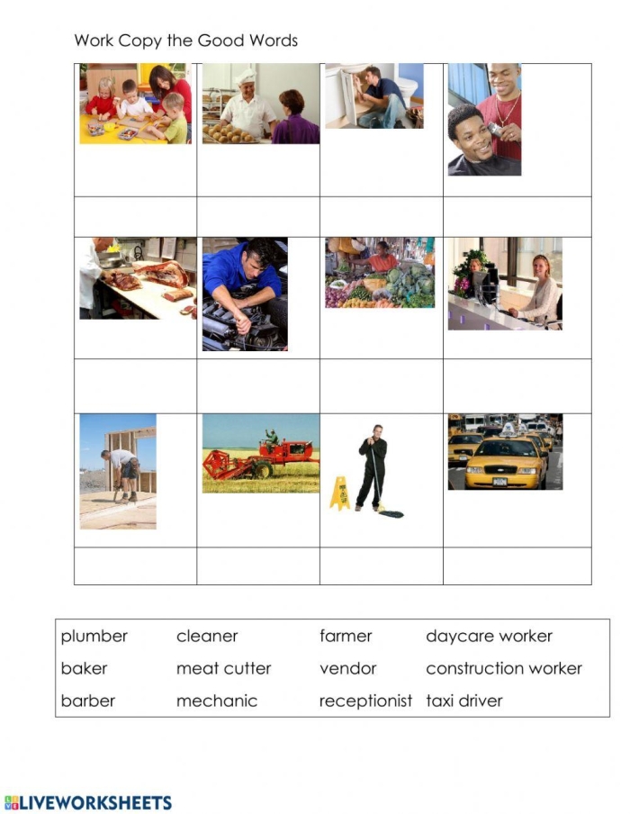 Colorful Job Match worksheet featuring workers and their tools for kids