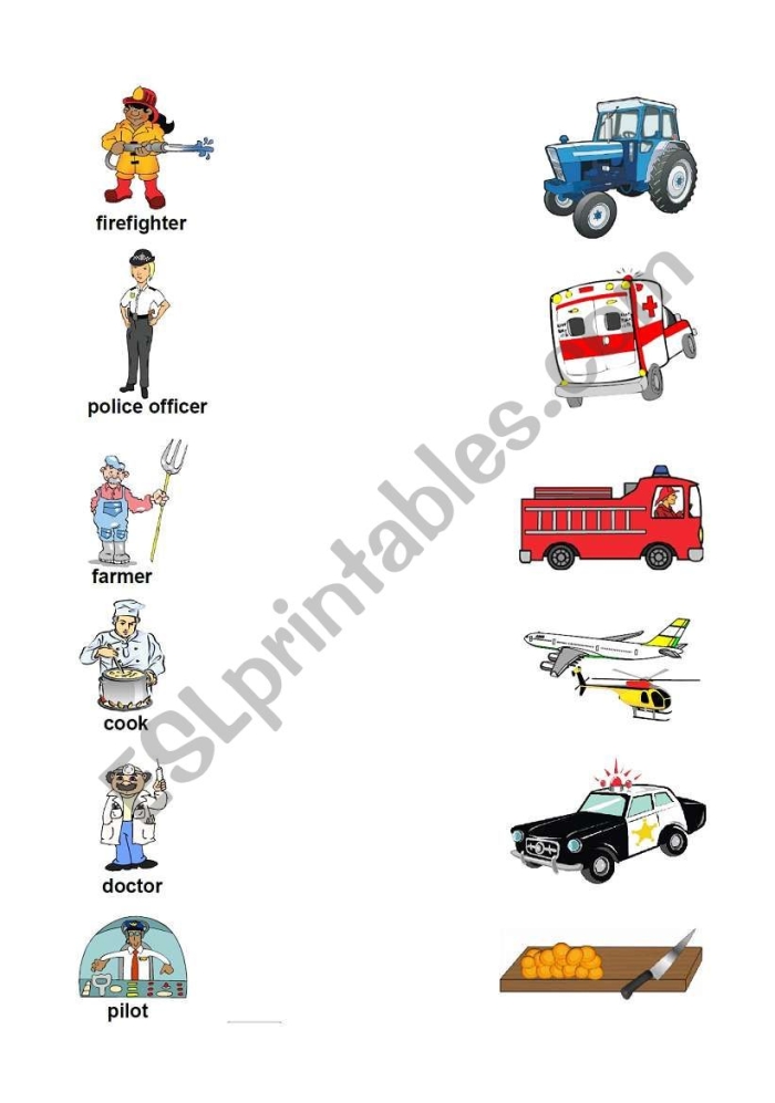 Kindergarten students connecting workers to their tools in a fun Job Match worksheet