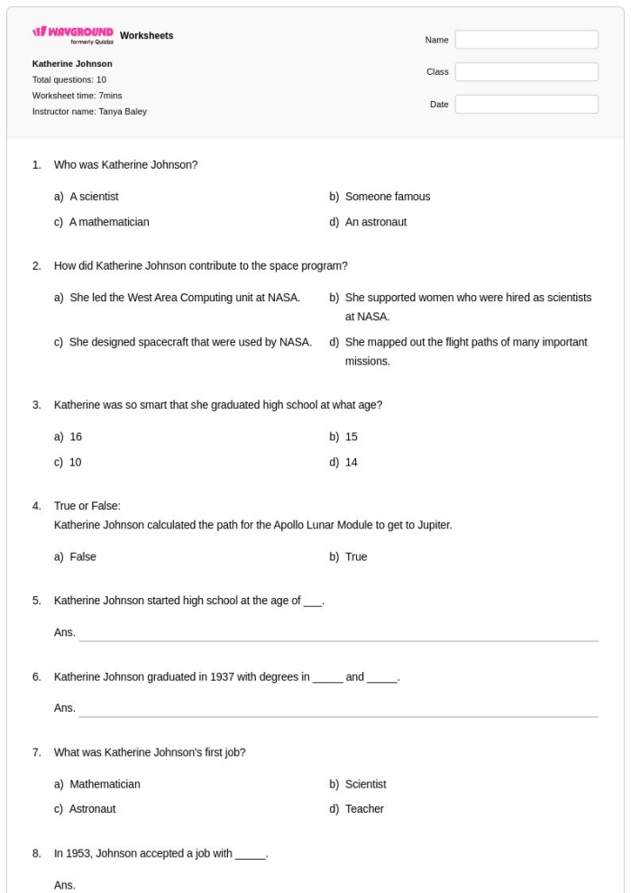 Katherine Johnson Reader worksheet for kindergarten students featuring engaging activities