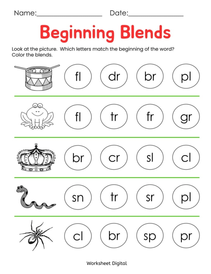 L blends matching activity for first graders, image number 19 Worksheet for practicing L blends with corresponding images for kindergarteners