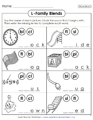 Consonant Sounds: L Blends activity for kindergarten students Worksheet for practicing L blends with engaging images for young learners