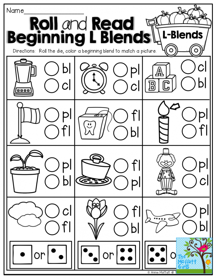 L blends worksheet for kindergarten: image 2 showing blending activities. Worksheet featuring consonant L blends for kindergarten students to match pictures.