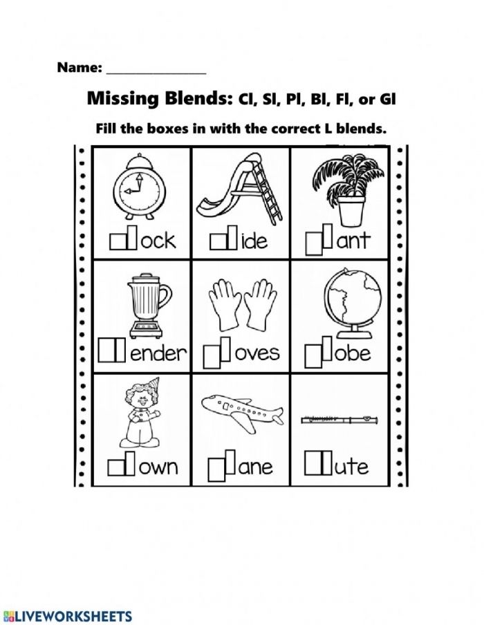 Consonant Sounds: L Blends activity image for first grade learners Worksheet for practicing L blends with pictures for kindergarteners