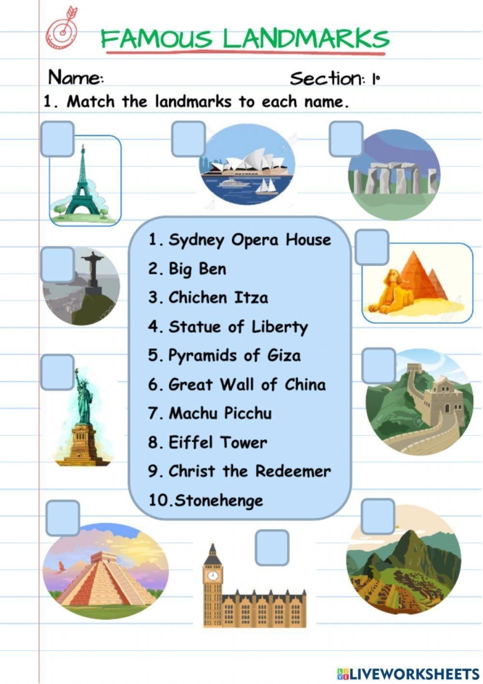 Kindergarten worksheet about identifying types of landmarks in a neighborhood