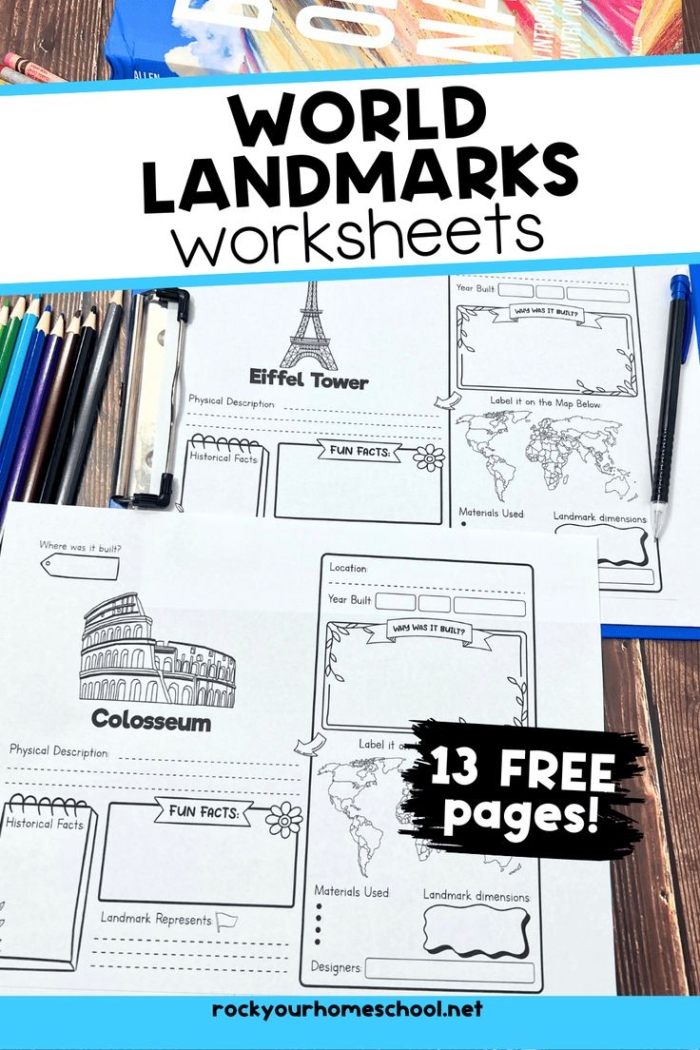 Kindergarten students identifying common community structures on a Types of Landmarks worksheet