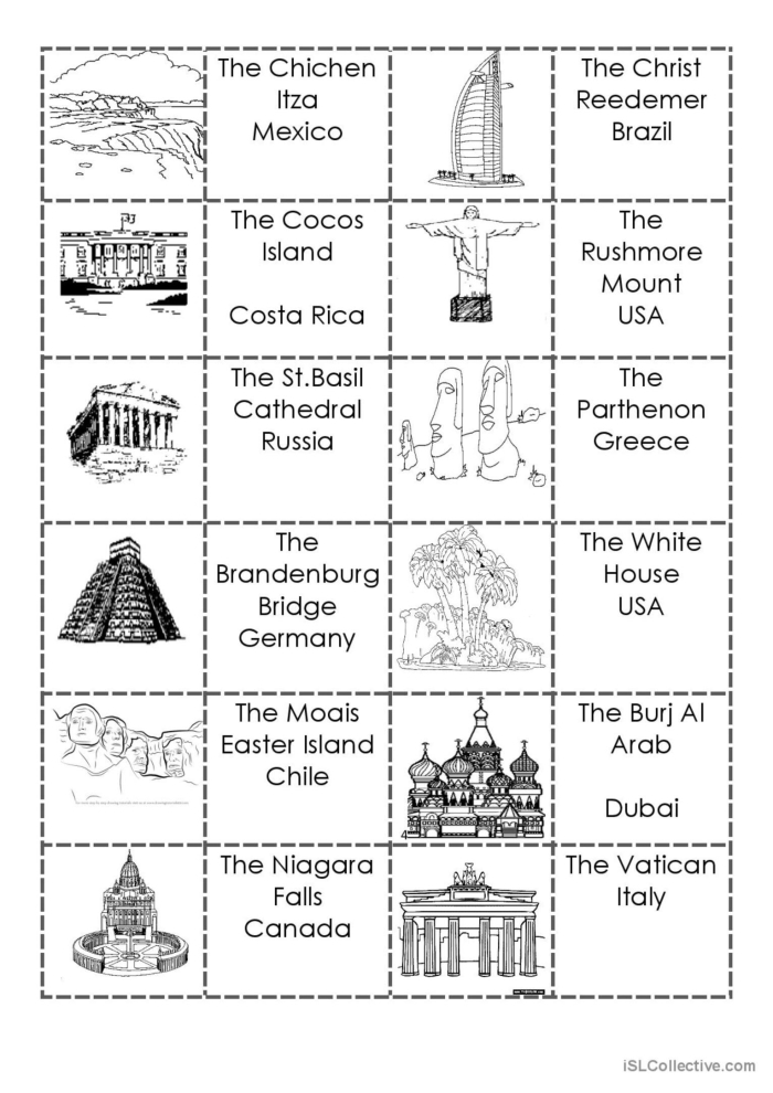 Kindergarten worksheet featuring various community landmarks for children to identify and label