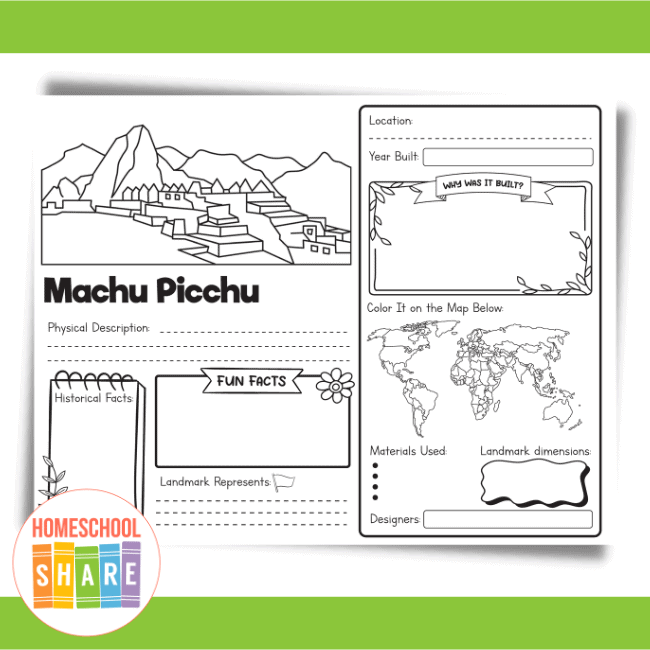 Kindergarten student pointing at a types of landmarks worksheet while exploring the neighborhood