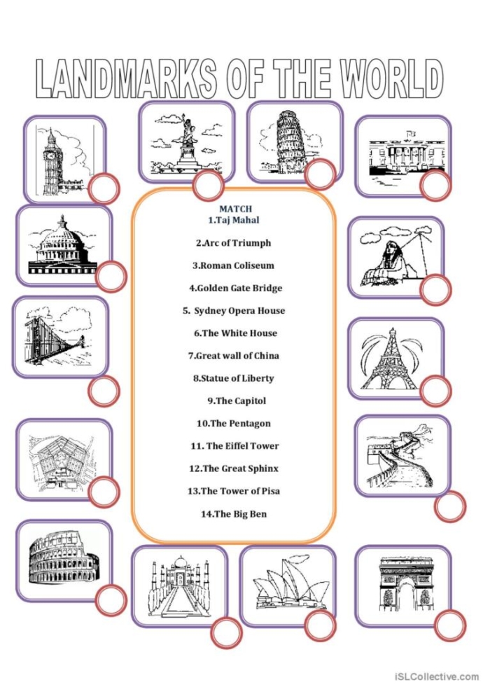 Kindergarten students learning about community features in this Types of Landmarks worksheet 21