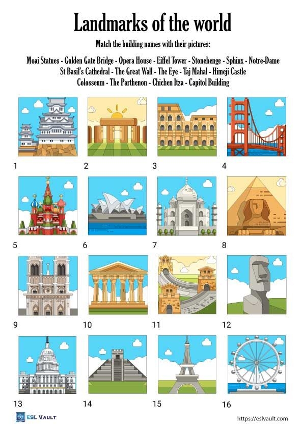 Colorful illustration showing different community landmarks like a library, fire station, and park for kindergarten students to identify