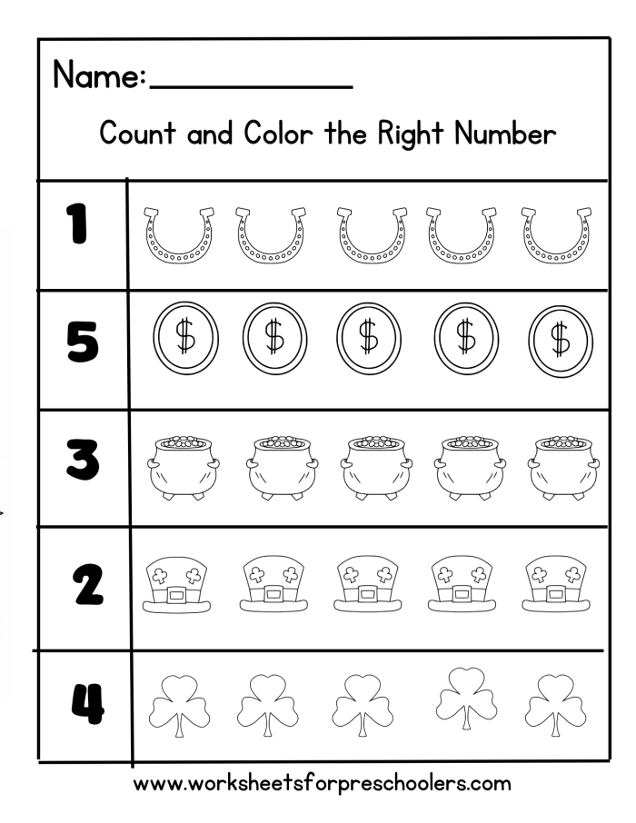 Engaging St. Paddy's Counting worksheet for early learners to practice integers and rational numbers Counting leprechauns in a festive St. Paddy's Day worksheet for kindergarten students