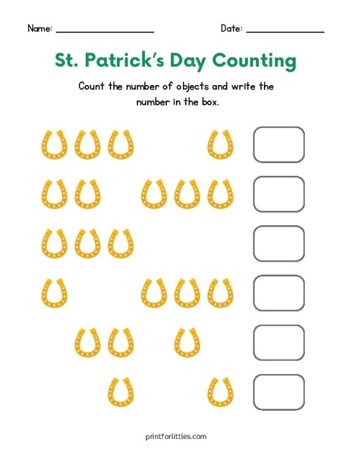 Engaging St. Paddy's Counting worksheet for young learners to practice numbers Counting worksheet featuring leprechauns for St. Paddy's Day fun in kindergarten