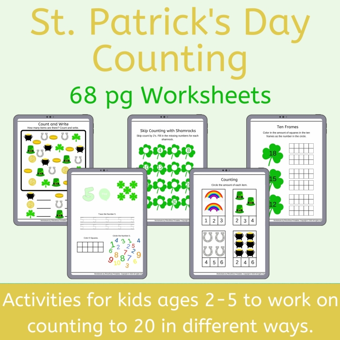 St. Patrick's Day themed integer counting practice sheet number 17 Kindergarten students counting cute leprechauns on a St. Paddy's Counting worksheet