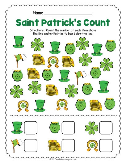 Integers and Rational Numbers worksheet for Kindergarten Counting worksheet featuring leprechauns for St. Paddy's Day fun. Fun St. Paddy's Counting worksheet for Kindergarten students to practice counting integers.