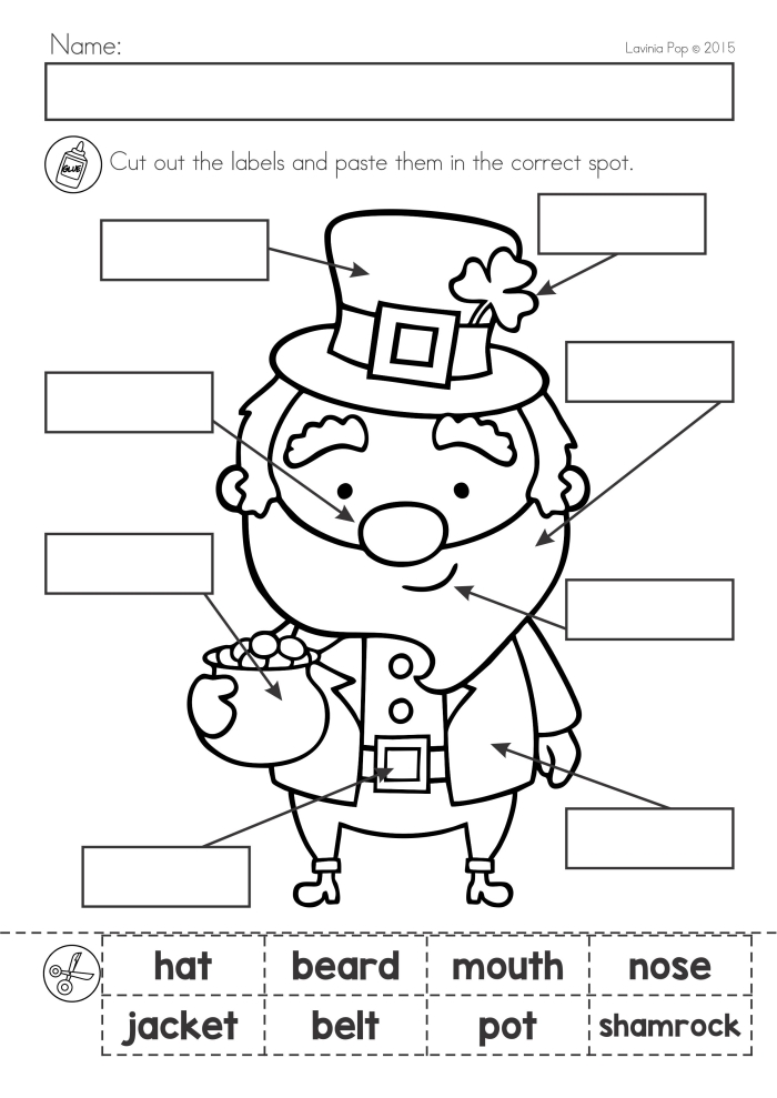 Leprechaun Match Worksheet 20 - Find the Matching Pairs for Ratios Practice A kindergarten worksheet showing leprechauns in different poses and outfits that children must match together as a ratios and proportions activity