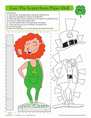 Creative paper doll activity featuring a cheerful leprechaun for young learners Leprechaun Paper Doll worksheet for kindergarten students celebrating St. Patrick's Day