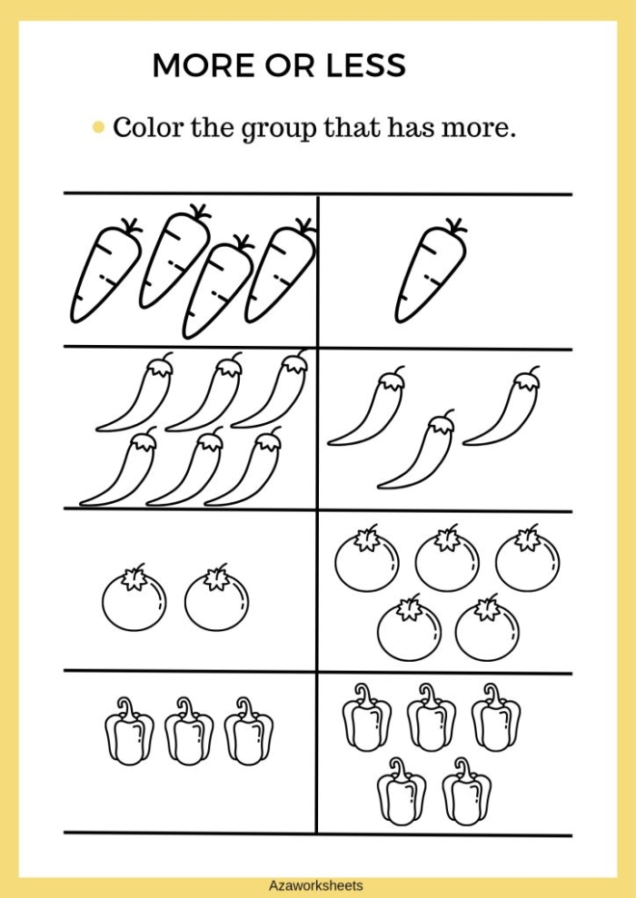 More and Less Less worksheet for kindergarten flower theme number three Kindergarten worksheet featuring a bouquet flower counting activity to practice identifying less versus more