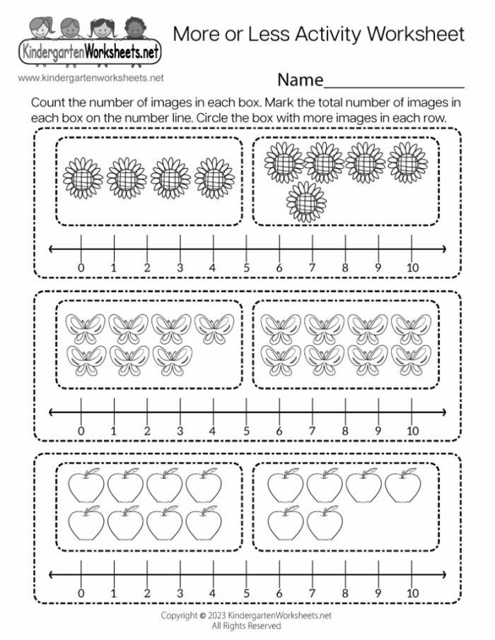 Kindergarten fraction worksheet featuring comparing quantity exercises with Less or More prompts 13